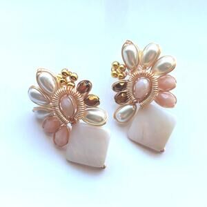 Artisan Wire Wrapped Mother Of Pearl Shell Faux Pearl Statement Post Earrings